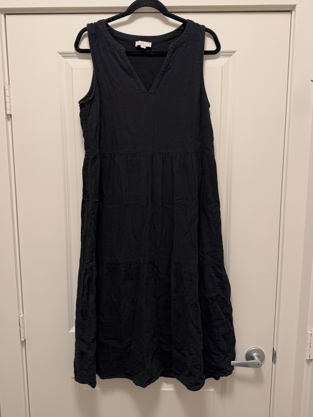 Loft Sz L 100% Cotton Midi Dress Black Gauze V Neck Sleeveless